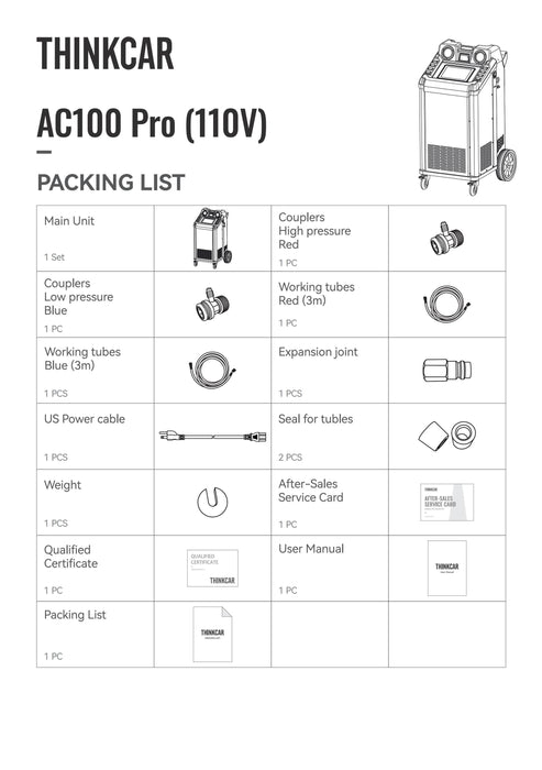 Thinkcar AC100 Pro V2.0 A/C Service Machine - R134a & R1234yf Recovery, Recycling & Recharge Station, 110V