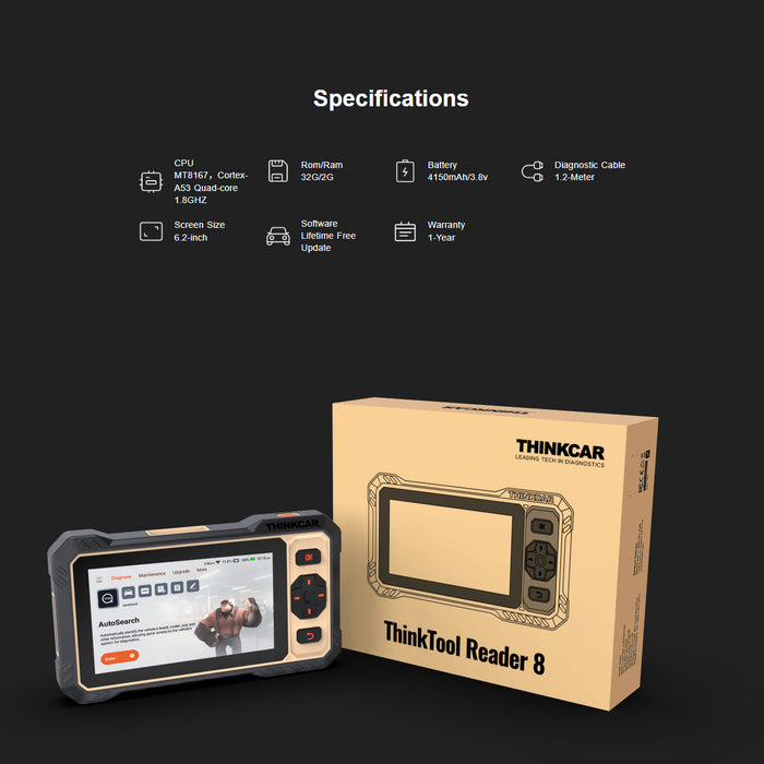 Thinkcar Thinktool READER 8 Full System OBD2 Scanner with CAN FD, 15 Maintenance Resets & Lifetime Free Updates - 6-Inch Touchscreen