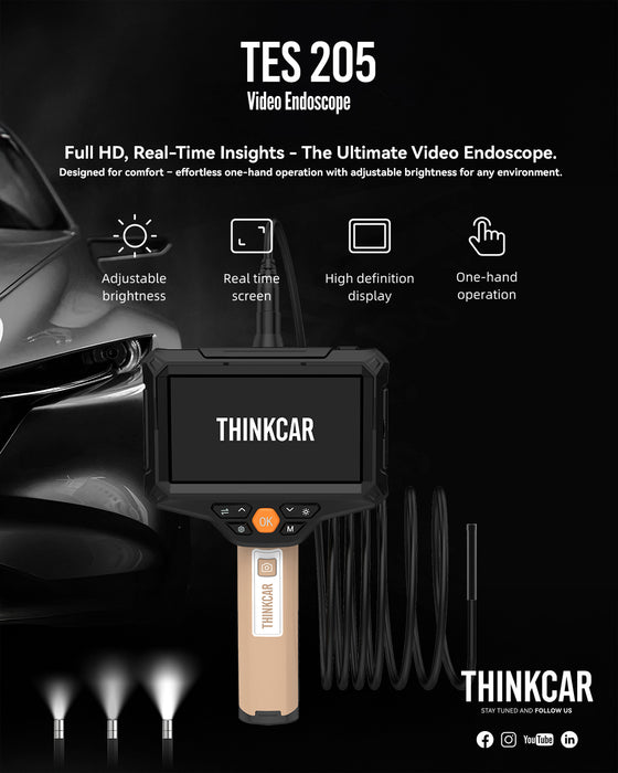 Thinkcar TES205 Professional Video Endoscope - 5.5mm HD Inspection Camera with 5" Display & 6 LED Lights