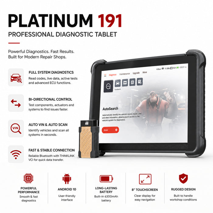 Thinkcar Platinum 191 8-Inch Professional Diagnostic Scanner - Full System OBD2 Scan Tool with Active Test Functions