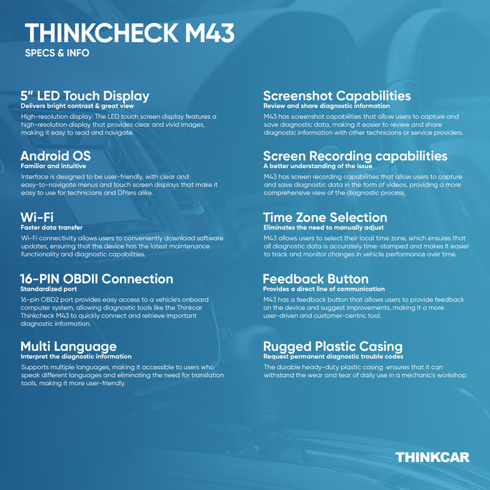 THINKCHECK M43 - Escáner OBD2 de 5" Lector de códigos de diagnóstico para vehículos ABS, SRS, ECM, TCM