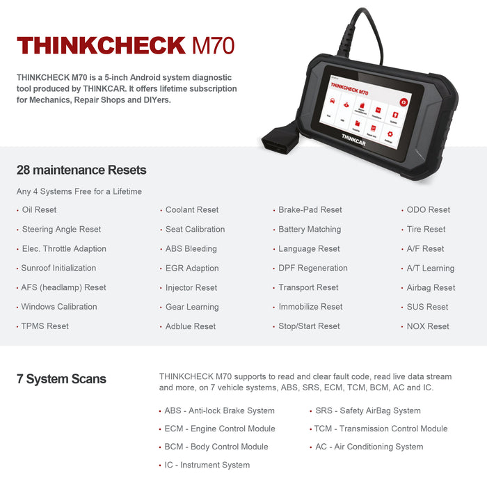 Thinkcar THINKCHECK M70 5-Inch Full System OBD2 Scanner Car Code Reader Tablet Comprehensive Vehicle Diagnostic Scan Tool