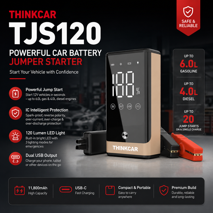 Thinkcar TJS-120  Portable Jump Starter – 12,000mAh 12V Battery Booster for Up to 6.0L Gas & 4.0L Diesel Engines