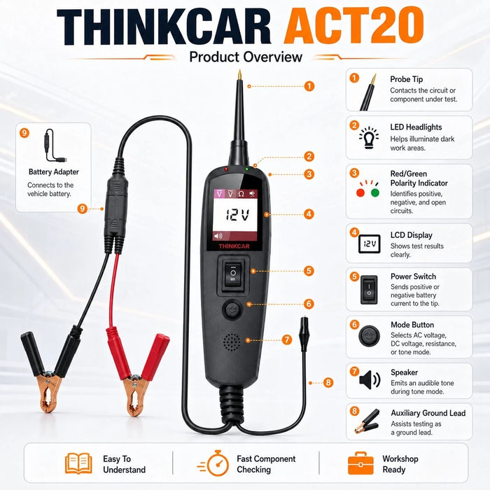 Thinkcar ACT20 Automotive Circuit Tester – 12V/24V Power Probe, Electrical System & Component Tester