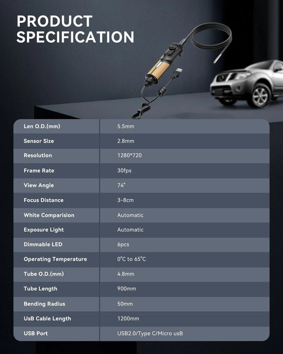 Thinkcar ES102 USB Endoscope - 5.5mm HD Automotive Inspection Camera with 6 LED Lights & 35" Flexible Probe