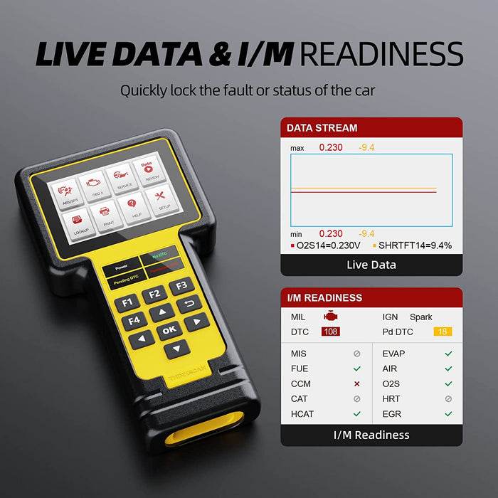 Lector de códigos de automóvil con escáner OBD2 para aceite, frenos, ABS, herramienta de diagnóstico de vehículos SRS (amarillo) - THINKSCAN 600