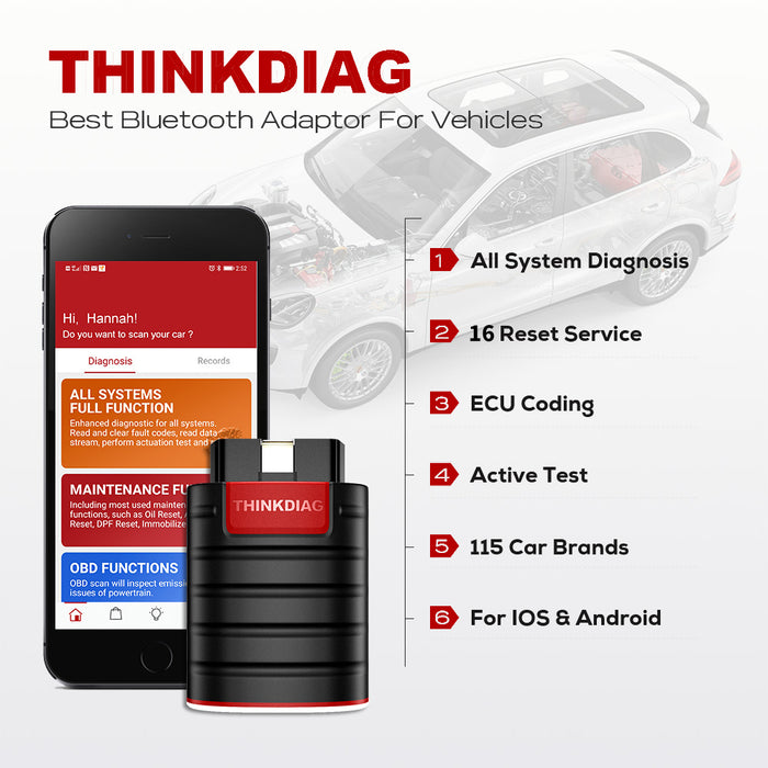 Lector de códigos de automóvil con escáner Bluetooth OBD2 con clips para probador de batería INCLUIDO Kit combinado para herramienta de diagnóstico de vehículos - THINKDIAG + THINKEASY v2
