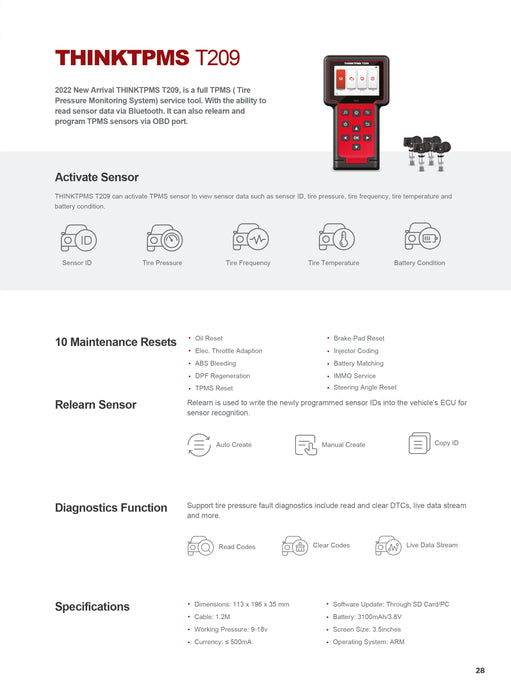Tire Pressure Sensor Relearn & Reset OBD2 Scanner Automotive Diagnostic Equipment THINKTPMS T209